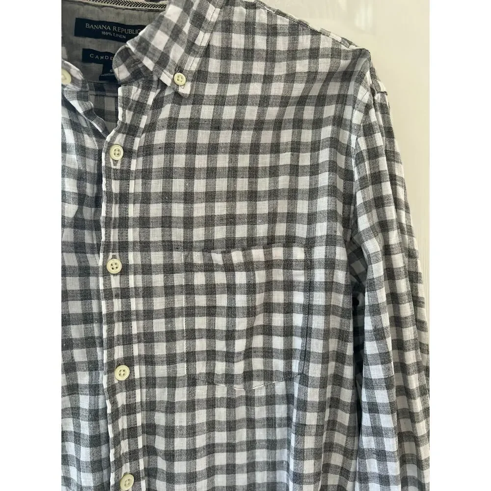 Banana Republic Camden Grey White Gingham Plaid Linen Long Sleeve Shirt